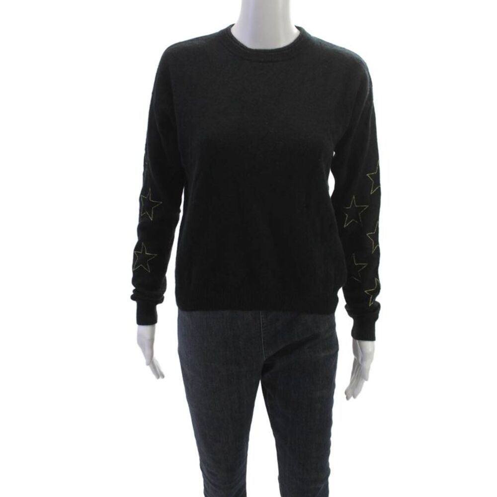 27 Miles Women Pullover Sweater Black 98% Cashmere Crew Neck Stars Size S